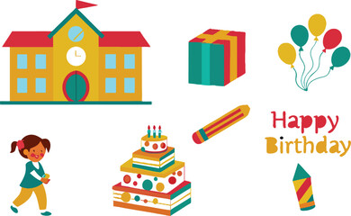 birthday celebration at school vector with cake, gifts, and balloons
