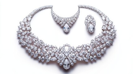Obraz premium Elegant platinum set with diamond drop earrings, a sparkling necklace, and a matching ring, isolate on white background