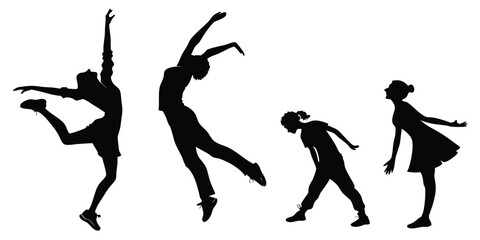 Dancing Silhouette Vector of Four Diverse Female Ballet and Contemporary Dance Poses Black Figures on White Background