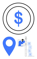 Dollar sign inside a circle, location pin, individual holding a ruler to stack RISK blocks. Ideal for finance, investment, strategy, business planning, analysis, decision-making simple landing page