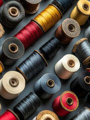 A vibrant collection of colorful thread spools, arranged in a visually appealing pattern on a dark gray background.