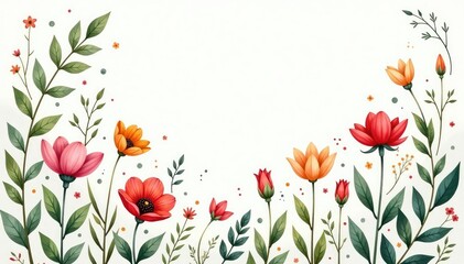 Delicate hand-drawn wildflowers, scattered leaves , botanical, white, botanical pattern