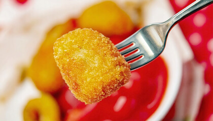 Breaded chicken nugget on a fork. AI
