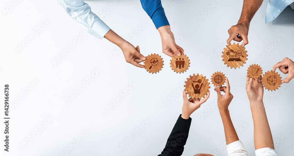 Poster Hands of diverse individuals hold gears with icons that symbolize teamwork and business concepts, showcasing collaboration, growth, and innovative strategies in a professional environment. Amity
