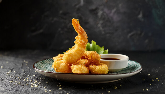 Crispy shrimp tempura with bowl of dipping sauce, Japanese dish on ceramic plate. Delicious sea food