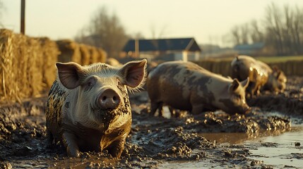 Mud-caked pigs frolic in a rural farm setting.
