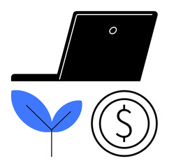 Laptop, leaf, and dollar coin combining themes of technology, eco-consciousness, finance, and innovation. Ideal for green business, fintech, startups savings modern strategy digital integration