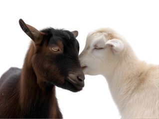 Fototapeta premium Two goats touching noses isolated over png transparent background 