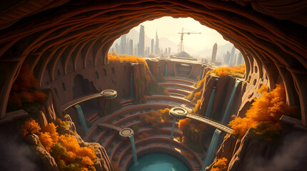 Terraced circular districts descending into a massive crater with suspended transit pods and waterfall-powered generators around an underground lake