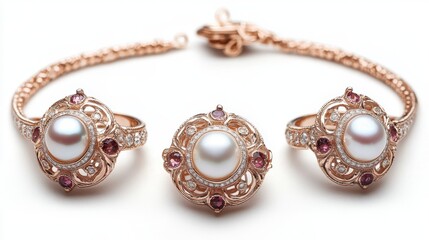 Timeless rose gold jewelry set with matching pearl earrings, necklace, and ring, isolate on white background