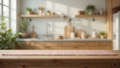 Wooden Table with Gingham Cloth in Bright Kitchen Mockup
