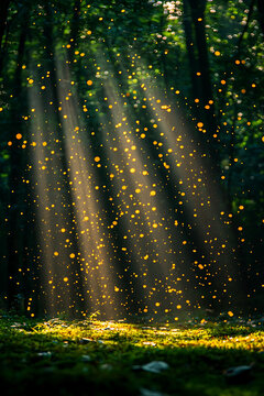 Enchanted forest scene Golden light rays pierce through trees, illuminating floating particles like fireflies or pixie dust.