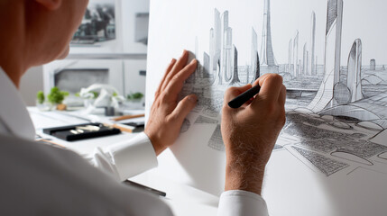 Futuristic Cityscape Sketch by Architect Conceptual Design Urban Innovation