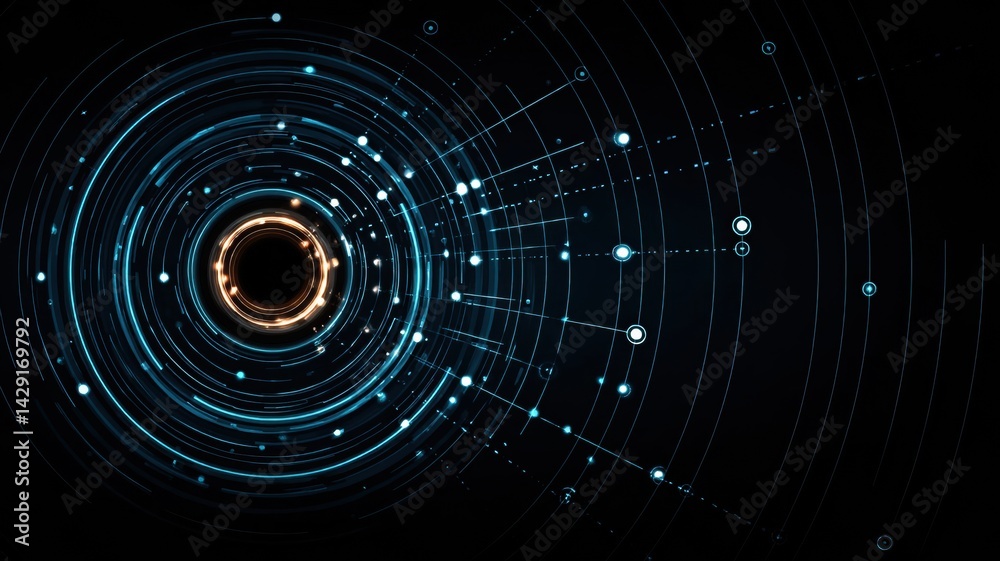 Poster a digital abstract design featuring concentric circles and shining nodes, creating a futuristic and 