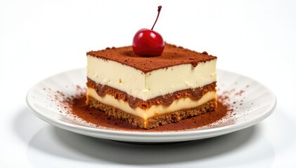 Individual serving of tiramisu, dusted cocoa, white background , high resolution, creamy, dessert serving