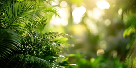 Lush tropical foliage in sunlight.  Blurred background showcases dense greenery