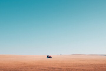 minimalistic image of lone tractor on vast empty field with clear blue sky symbolizing rural simplicity