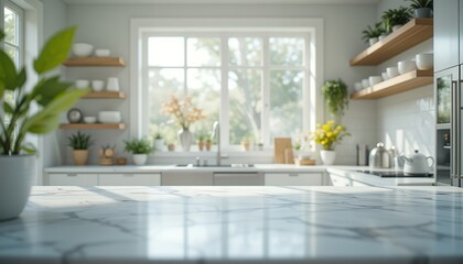 Modern Kitchen Marble Countertop with Bright Airy Interior Background