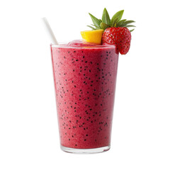 Refreshing strawberry mango fruit smoothie with seeds served in a tall glass garnished with fresh fruit slices and a straw on transparent background