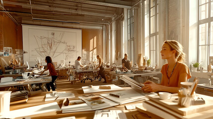 Sunlight streams into a spacious, airy studio where a team of architects and designers collaborate on a project.  The large whiteboard displays initial sketches, adding to the creative atmosphere.