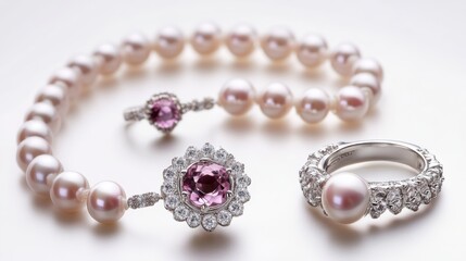 Obraz premium Timeless pearl jewelry set with delicate pearl earrings, necklace, and ring, isolate on white background