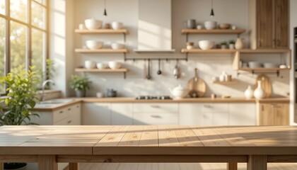 Wooden Table in Bright Kitchen Interior with Sunny Window View