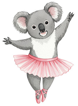Adorable koala dancing ballet in pink tutu and pointe shoes, watercolour clipart illustration collection isolated on a transparent background