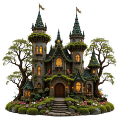Fototapeta premium Enchanting Fairytale Castle A Magical Stone Structure with Lush Greenery and Illuminated Windows