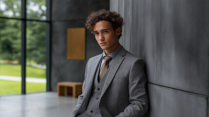 motivated graduate posing in business suit, exuding confidence and professionalism in modern setting with large windows and minimalist design. atmosphere is inspiring and elegant