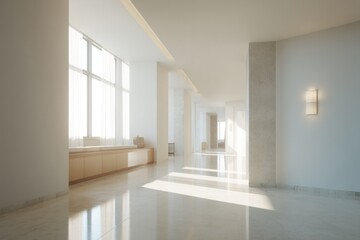 Fototapeta premium minimalistic interior in neutral tones devoid of people featuring spacious layout with prominent copy space