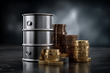 metallic oil barrel stands prominently among stacks of coins, showcasing relationship between oil prices and economic factors. scene conveys sense of financial growth and investment