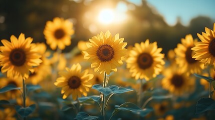 Obraz premium The vibrant colors of a field of sunflowers stretching towards a bright blue sky