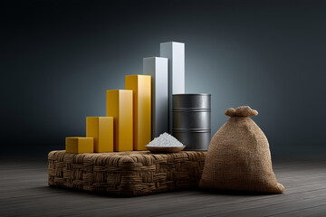 This showcases collection of items representing economic growth and production costs, including yellow and white bars, black barrel, bowl of salt, and burlap sack