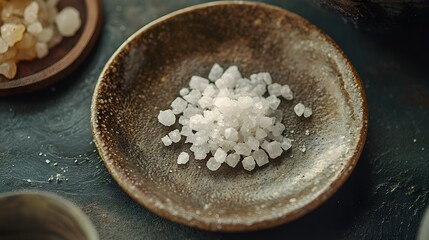 Coarse Sea Salt in Rustic Ceramic Dish on Textured Surface