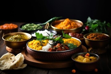 A vibrant spread of Indian dishes, including dal, rice, various curries, and naan bread, served in ornate bowls.