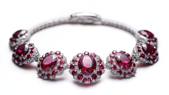 Classic ruby jewelry set with radiant red rubies on earrings, necklace, and matching ring, isolate on white background