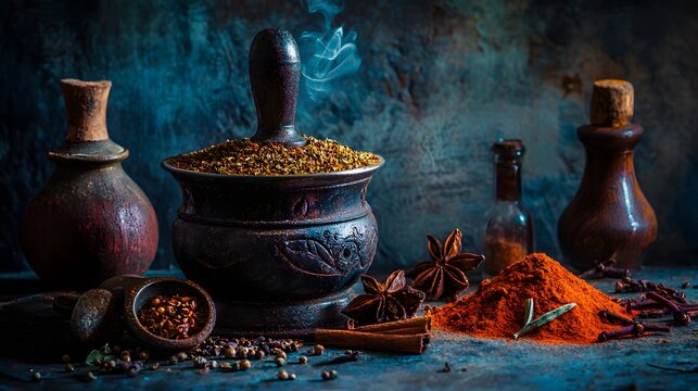 Aromatic Spices and Herbs in Mortar with Smoke and Rustic Background