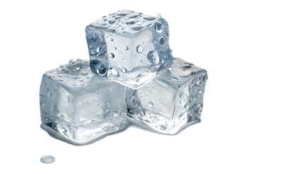 Three refreshing ice cubes with water droplets isolated on white background