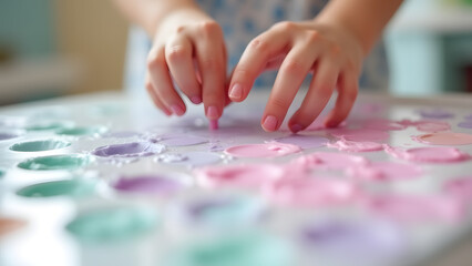 Fototapeta premium Kids’ hands painting with pastel tempera—mint, lavender, peach—creating ethereal clouds and soft blends. Milky, translucent paints glow in diffused light, like a fairy tale. Blurred dreamy background.
