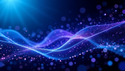 Abstract Wavy Particle Stream with Blue and Purple Bokeh Lights