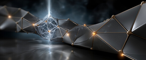 futuristic abstract design featuring interconnected geometric shapes with glowing elements, set against dark background. composition evokes sense of innovation and technology