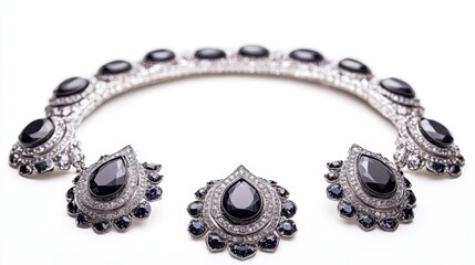 Luxurious platinum jewelry set with black diamonds on earrings, necklace, and matching ring, isolate on white background