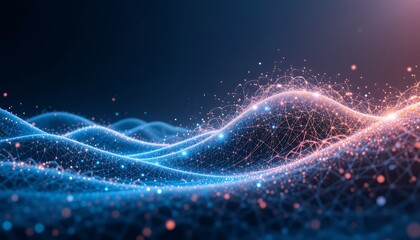 Glowing Network Waves Connecting Points in a Abstract Technology Landscape