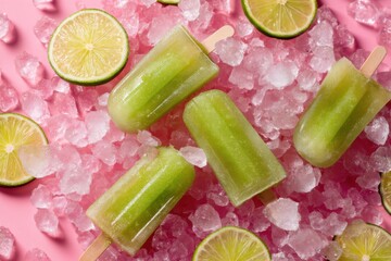 Green lime popsicles on bed of crushed pink ice with fresh lime slices
