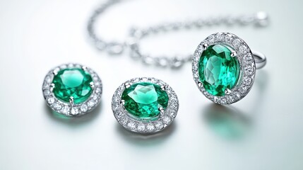 Elegant emerald jewelry set with matching earrings, necklace, and a striking emerald ring, isolate on white background