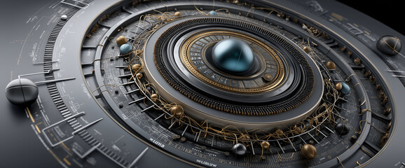 Fototapeta premium futuristic abstract design featuring intricate circular patterns, metallic elements, and central orb, evoking sense of advanced technology and innovation