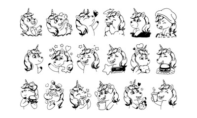 Funny unicorn characters with different emotions set colorful vector Illustrations