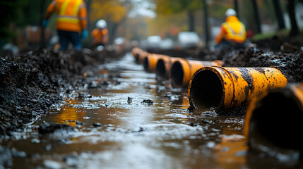 Urban construction site with stormwater drainage pipes and workers, illustrating city infrastructure and water management systems