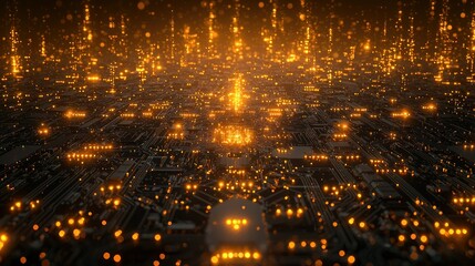 Glowing data streams flow in digital circuit landscape