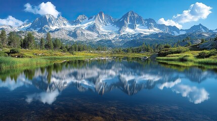 Fototapeta premium Towering mountain peaks are reflected in a still lake